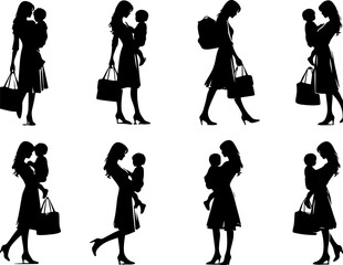 collection of vector sketches of illustrations of young mothers carrying children
