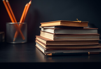 Naklejka premium Stack of old books with orange pencils in a holder on a dark background