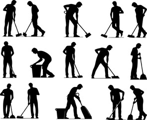 Naklejka premium silhouette collection vector illustration design office boy waiter cleaning the floor
