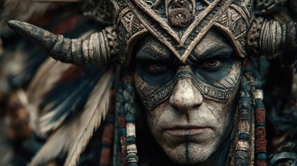 Intricate headdress adorns a stern face, detailed with tribal markings and piercing eyes, creating a captivating, powerful portrait.