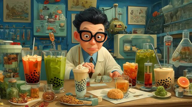 Mad scientist experimenting with colorful bubble tea concoctions 4K Seamless loop animation