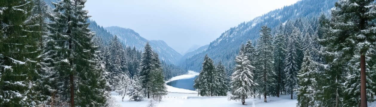 Serene Winter Landscape Featuring Snow-Covered Pines and Frozen River Amidst Majestic Mountains and Calm Atmosphere