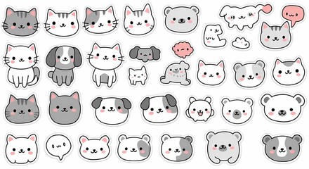 Obraz premium Cute animal sticker set with pastel gray and pink colors, cat, dog, and elephant.
