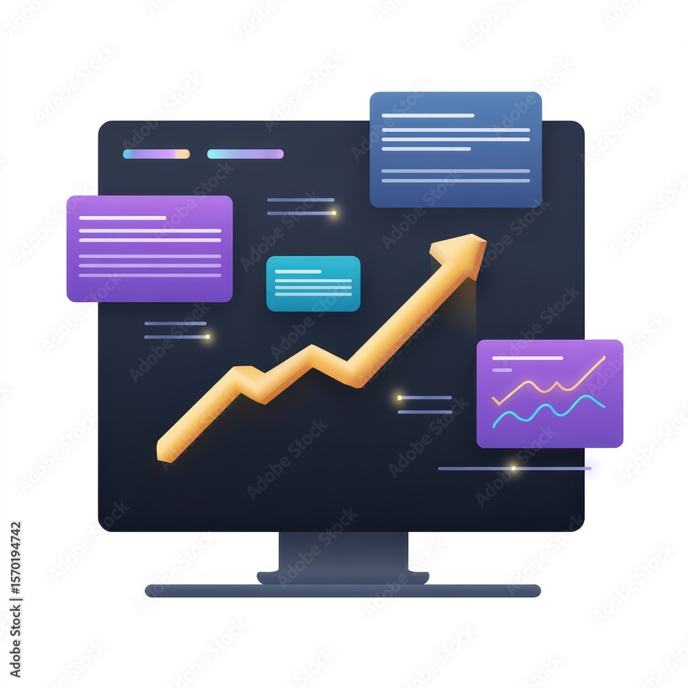 Poster abstract digital illustration of a computer monitor displaying upward growth trend with colorful dat