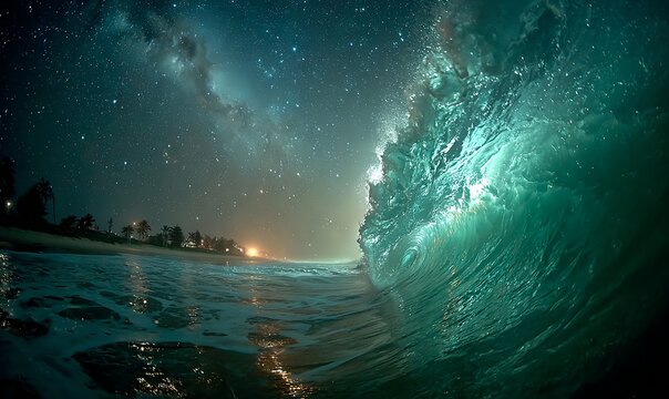 Majestic sea wave forming barrel shape beneath sparkling stars