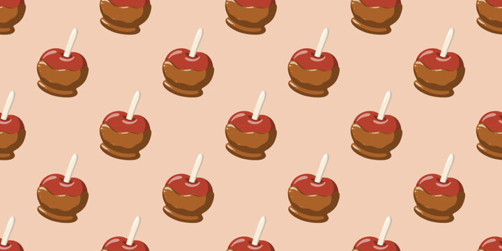 Seamless autumn pattern with caramel apples on beige background. Halloween treats print. Cartoon vector digitalpaper design 
