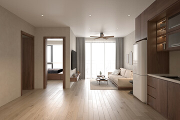 3d render luxury apartment living and dining room