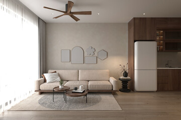 3d render luxury apartment living and dining room