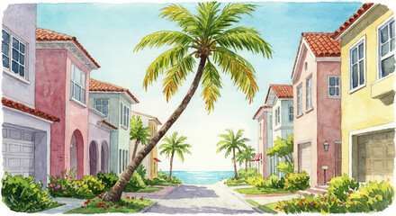 Watercolor painting of a sunny palm-lined street with colorful houses