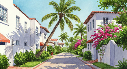 Watercolor painting of a sunny palm-lined street with colorful houses