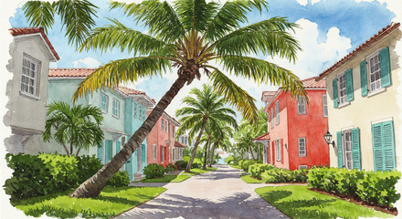 Watercolor painting of a sunny palm-lined street with colorful houses