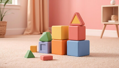 Colorful building blocks arranged on soft carpet in playroom  