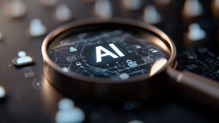 A comprehensive artificial intelligence network analysis concept depicted with a magnifying glass emphasizing AI within a connected digital ecosystem.
