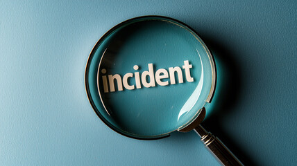 A precise incident investigation concept portrayed with a magnifying glass enlarging the word incident, symbolizing event analysis, risk assessment, and responsive action.
