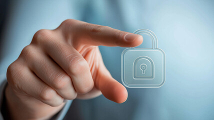An advanced data security interface concept featuring a hand interacting with a translucent padlock hologram, reflecting robust cybersecurity and privacy protection.
