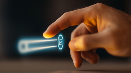 A swift digital communication concept represented by a fingertip activating a glowing email send button in a holographic interface, conveying instantaneous messaging technology.
