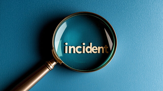 A precise incident investigation concept portrayed with a magnifying glass enlarging the word incident, symbolizing event analysis, risk assessment, and responsive action.
