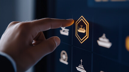 A smart travel booking interface concept where a fingertip selects an illuminated cruise icon on a futuristic touchscreen, highlighting personalized journey choices.
