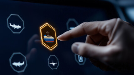 A smart travel booking interface concept where a fingertip selects an illuminated cruise icon on a futuristic touchscreen, highlighting personalized journey choices.
