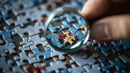 A detailed problem-solving concept shown by a magnifying glass enlarging a blue puzzle piece amid scattered jigsaw fragments.
