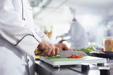 Professional chef chopping fresh veggies in a commercial kitchen, ensuring high quality ingredients...