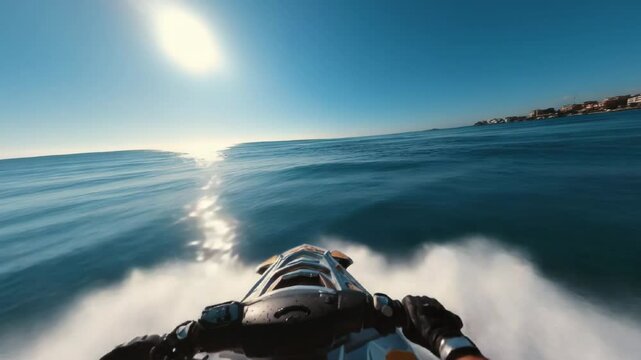 First-person POV of a person speeding across the open sea on a jet ski
