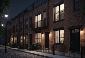 Fototapeta premium Urban Residential Street with Dark Red Brick Townhouses at Night