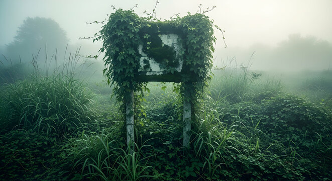 Forgotten Signpost Overgrown With Verdant Vines In A Mystical Foggy Landscape