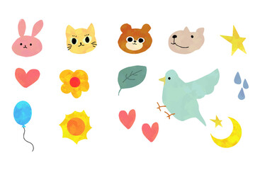 Naklejka premium Watercolor Cute Animal Faces & Motif Icons Set