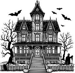 Obraz premium Scary haunted house line art for Halloween design and printable decor