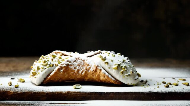 A delicious cannoli dessert with cream filling, topped with powdered sugar and pistachios.

