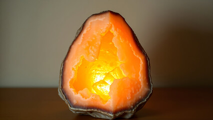 Natural salt lamp with rough edges. Soft orange glow from within, visible crystal formations. Long exposure to capture warm light.