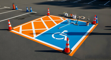 Freshly Painted Handicapped Parking Spot Symbol Cones Paint And Supplies