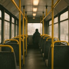 Fototapeta premium Solitary passenger on bus during foggy morning commute