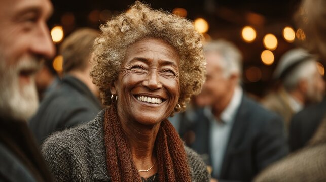 Smiling senior woman in crowd - Powered by Adobe