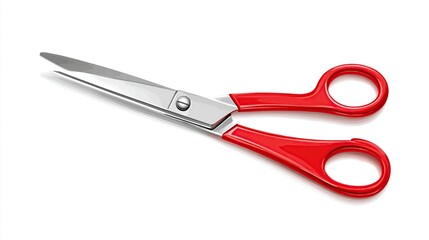 Obraz premium A pair of scissors with red handles and silver blades, slightly open on a white background