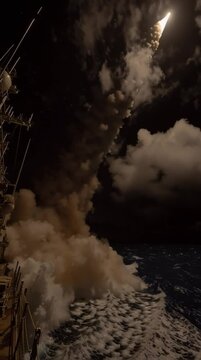 Trident D5 missile leaping from ocean at night, white-hot plume lighting choppy waves and stars