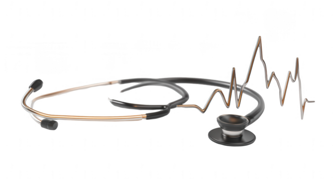 Stethoscope with a heartbeat line isolated on a white background, png, transparent