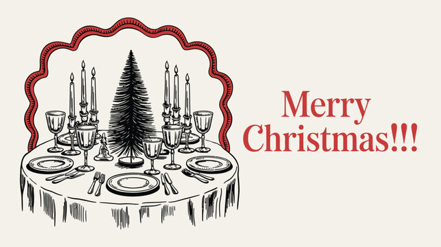 Modern horizontal poster placard with ink minimal line food and drinks. Christmas dinner table chalk crayon drawing set. Vector illustrations for new year celebration wall decor or new year invitation