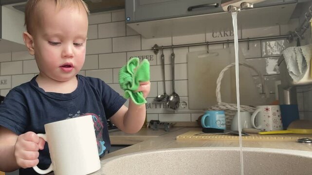 A curious toddler joyfully engaging in water play within a kitchen sink, showcasing both fun and learning