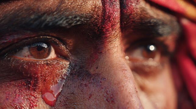 A close-up of teary eyes during Ashura matam