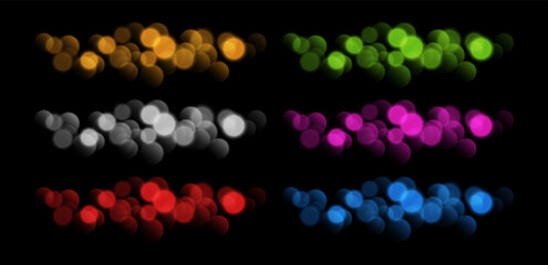 Colorful bokeh set, blurred background with sparkling lights, blurry texture effect isolated on black background. Bright soft abstract background. Vector illustration.