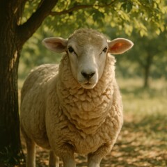 Majestic sheep in sunlit pasture beneath tree canopy