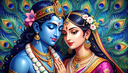 Fototapeta premium Krishna and Radha: A Serene Celestial Romance in Vibrant Hues