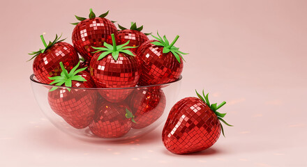 Glass bowl filled with disco ball strawberries on pastel background