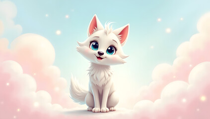 Cute Stylized Cartoon White Wolf Character on White Background