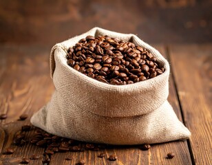 Roasted Coffee Beans in Rustic Burlap Sack