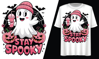 Fototapeta premium Stay Spooky Ghost, Pumpkin Halloween Vibes, T-Shirt Design.