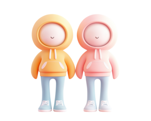 Two cartoon figures, wearing pastel hoodies and pants, stand side-by-side