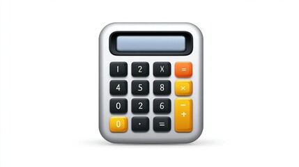 Isolated calculator with grayscale buttons and orange accents on a white backdrop